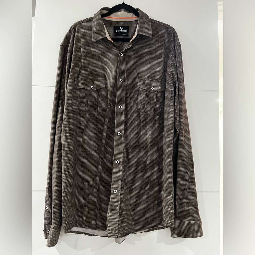 Buttercloth Button Up Shirt, Mens XL Tall Fit, Cotton Rayon Stretch, Brown Top